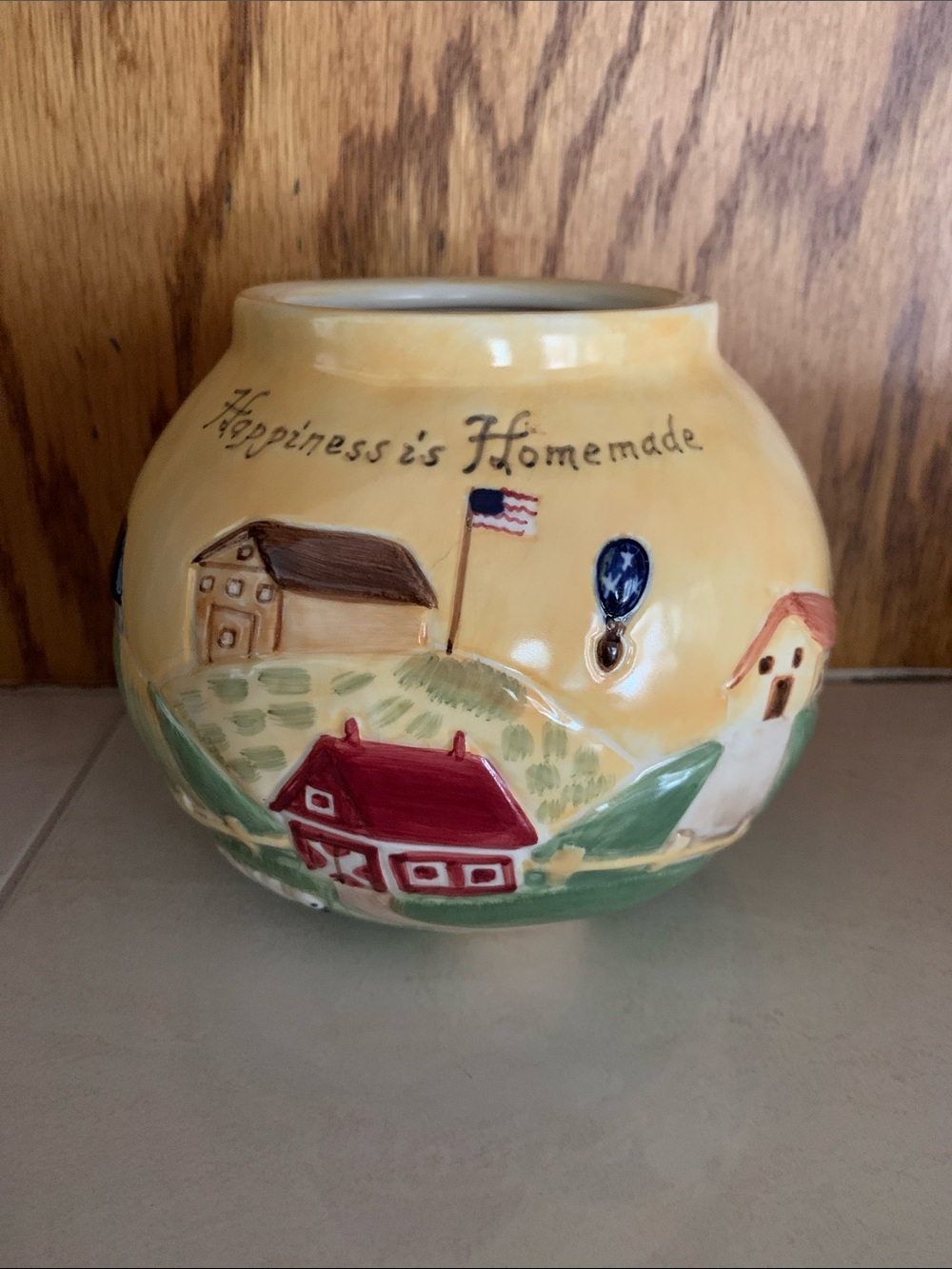 Ceramic 'Happiness is Homemade' Decorative Bowl - Yellow with Red Barn
